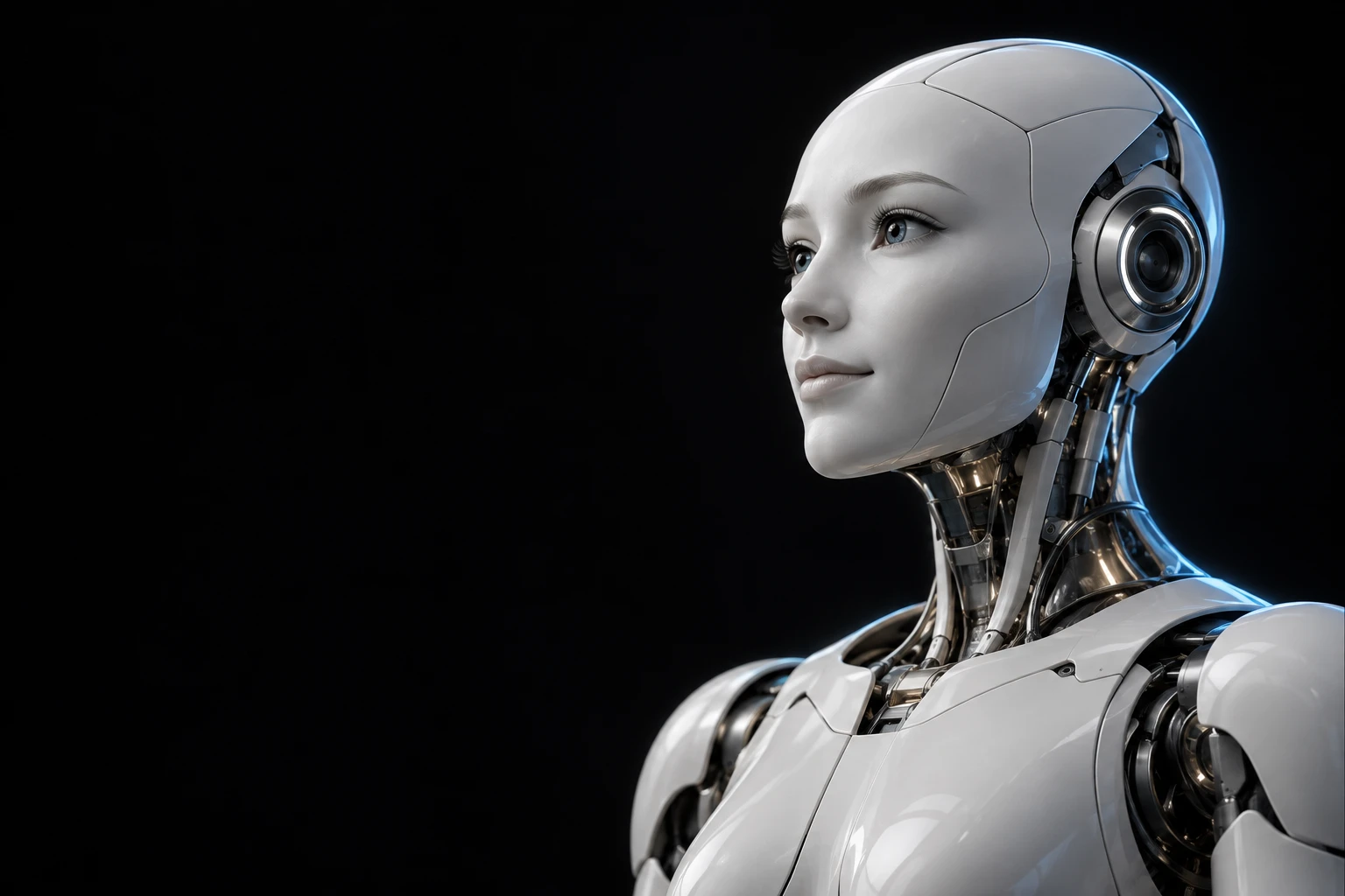 Concept portrait of a humanoid with white surfaces and metallic details